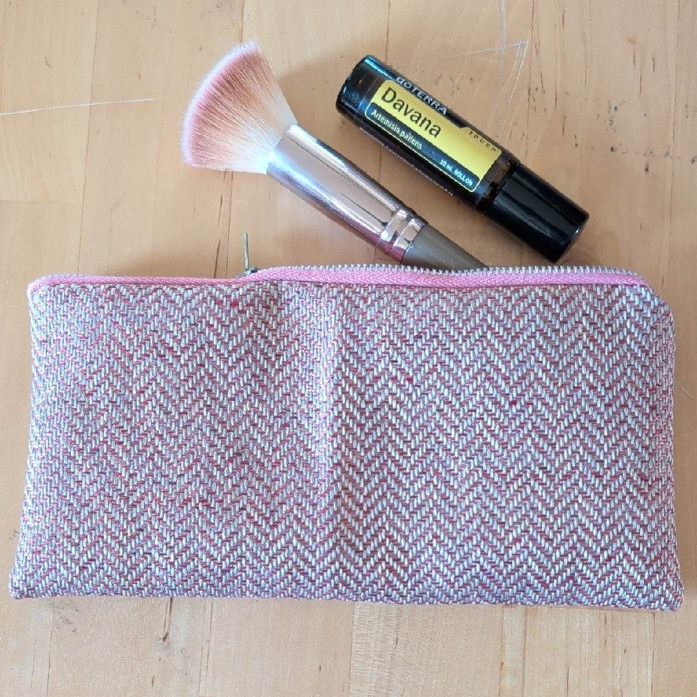 Pink and White Chevron Makeup Bag Herringbone Cosmetics Zipper Pouch